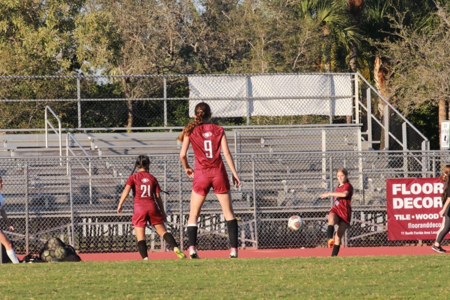 Centerback Katelyn Campanella (9) waits to receive a pass from her teammate. The MSD womens varsity soccer team won their district finals against J.P. Taravella High School by a score of 2-0.