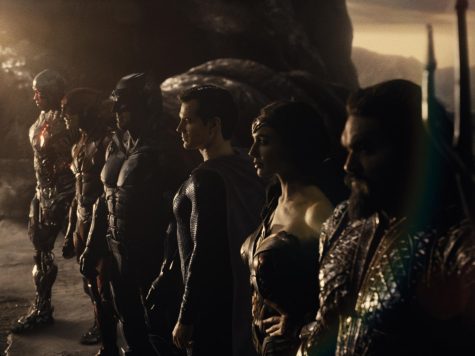 From left, Ray Fisher, Ezra Miller, Ben Affleck, Henry Cavill, Gal Gadot and Jason Momoa in Zack Snyders Justice League. Photo permission from HBO MAX/TNS.