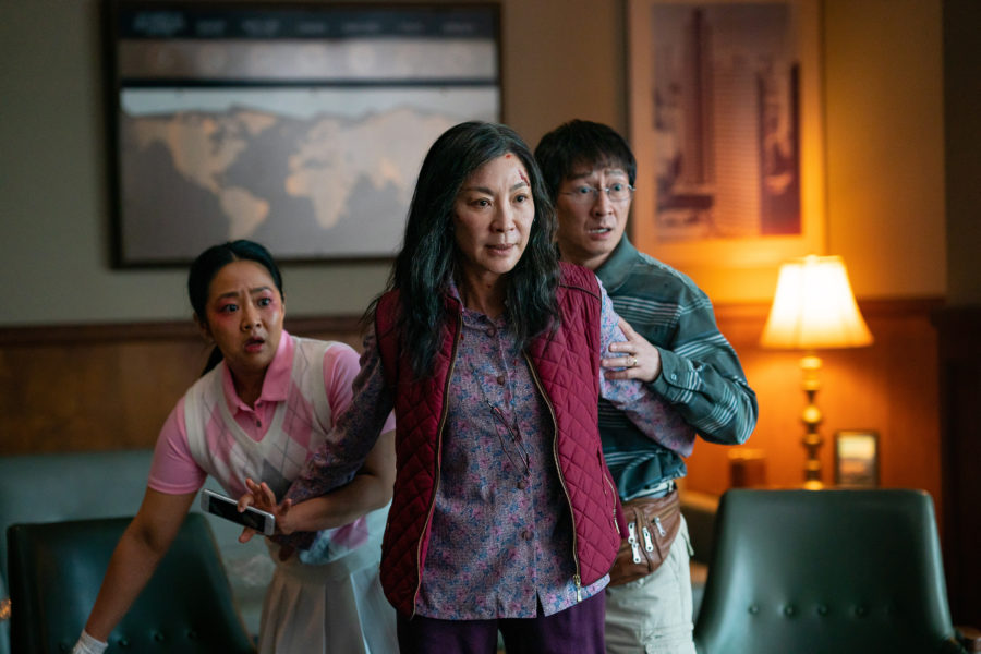 From left, Stephanie Hsu, Michelle Yeoh and Ke Huy Quan in Everything Everywhere All At Once. (Allyson Riggs/A24/TNS)