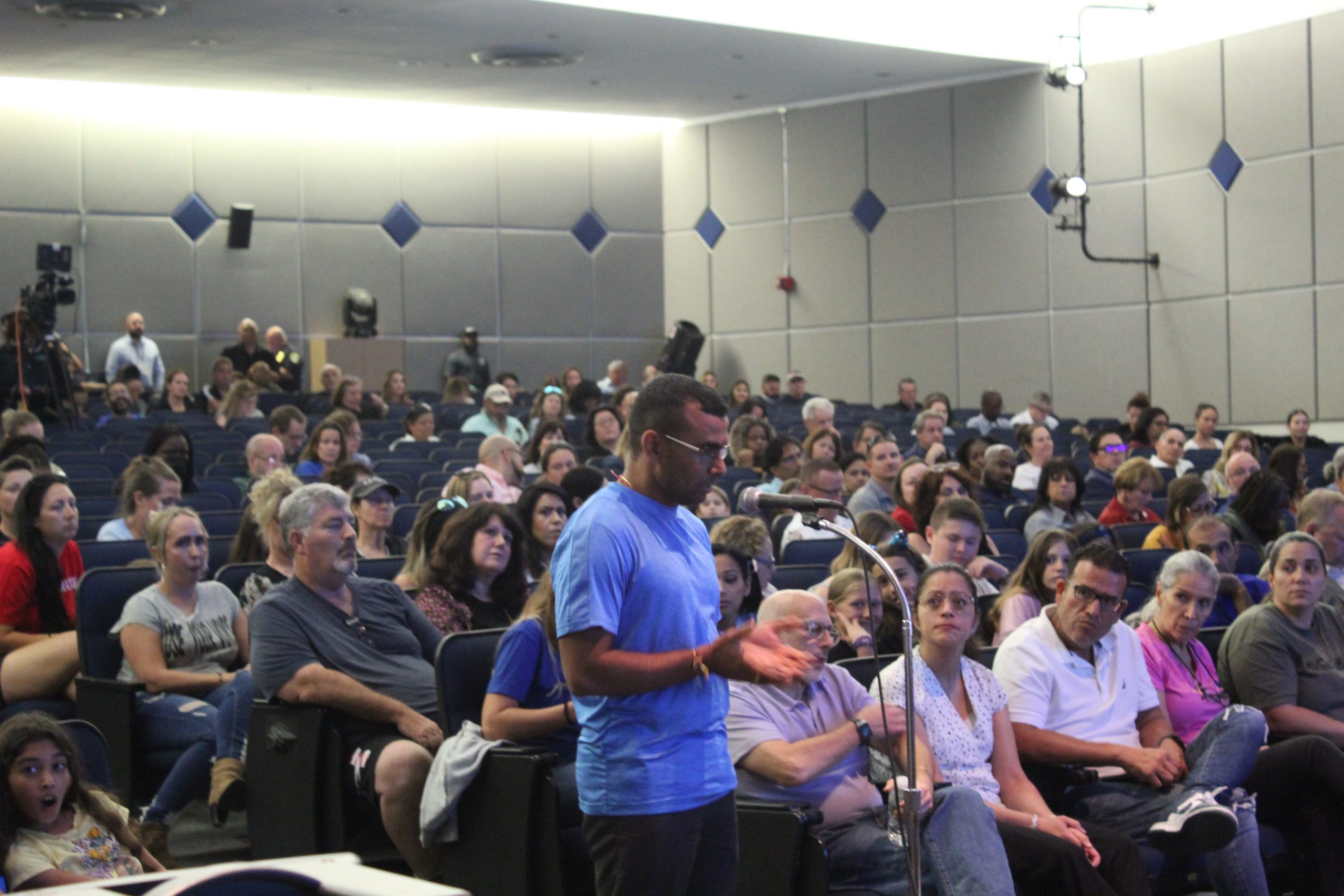 A concerned parent addresses the Broward County Public School Board at the March 29 boundary meeting about possible solutions to the dispute over the proposed change. The meeting lasted several hours and went from 5:30 p.m. to 11:30 p.m.