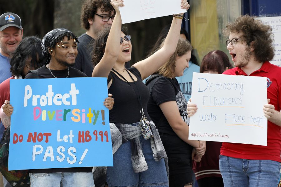 Students voice their opposition to Florida House Bill 999 during a protest at the Kenneth R. Williams Administration Building at Florida Atlantic University in Boca Raton on Wednesday. Photo courtesy of 	Amy Beth Bennett/TNS.