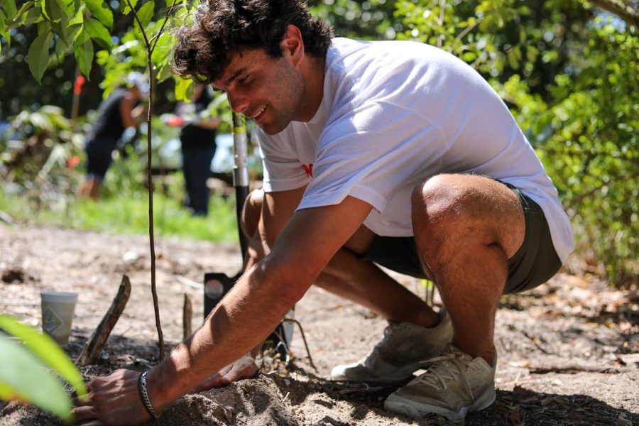 Aidan Reilly pats soil around the native tree he planted at Virginia Key Beach Park to keep it stable. Reilly, who lives in Los Angeles, traveled to Miami for the Elevate Prize summit that included a day of service.