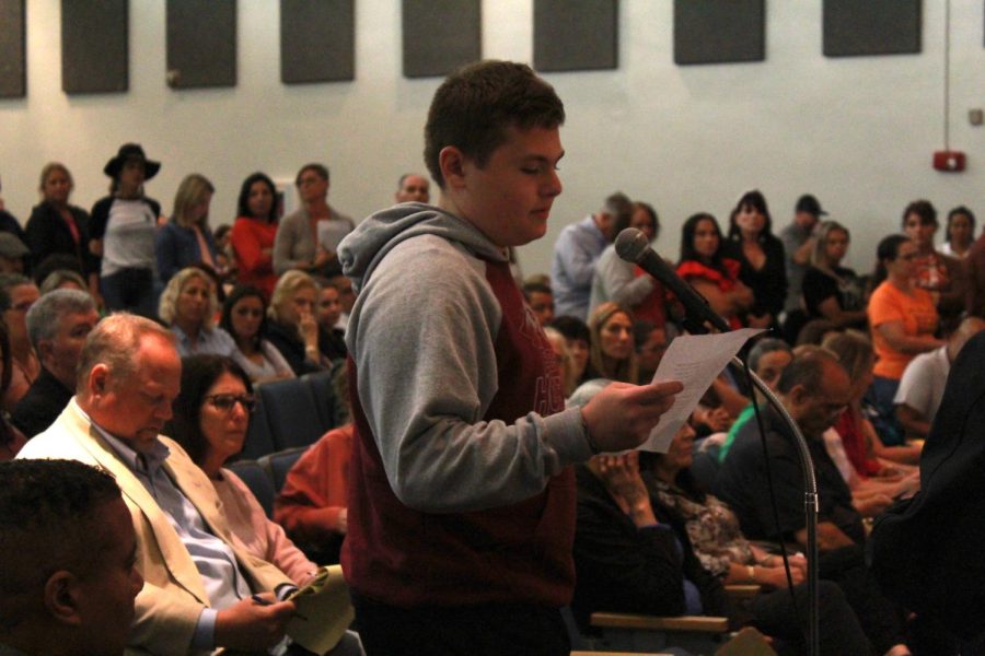 Freshman Jacob Constant speaks in front of members of the Broward County School Board on April 12, 2023, during a meeting held at J.P. Taravella High School. People were allowed to sign up to speak and provide their own comments on the situation.