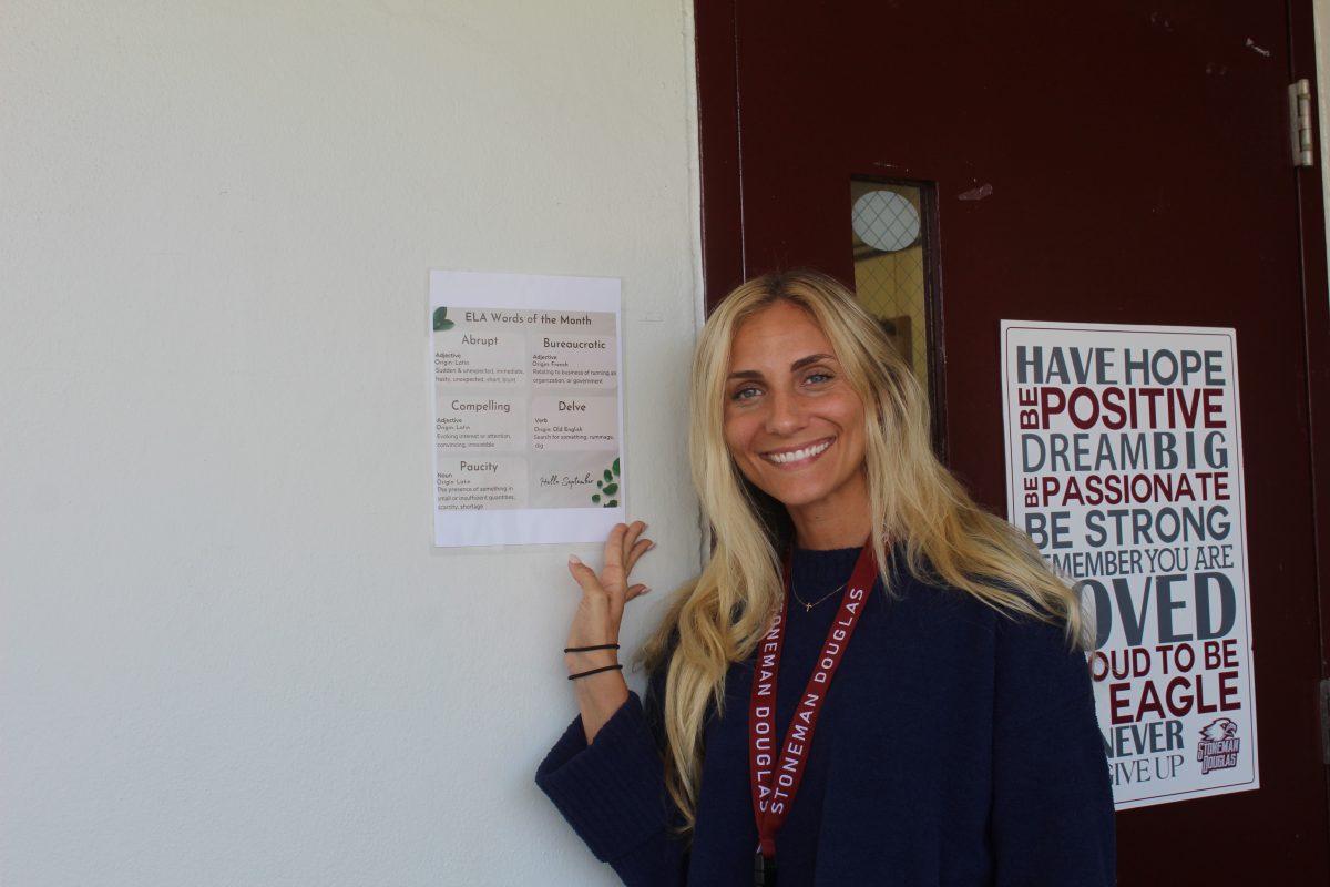 Study hard! Gabby Prochilo stands next to this months words for the ELA word of the month program. These posters were hung up at the end of August outside of English, Language Arts, and reading classrooms.