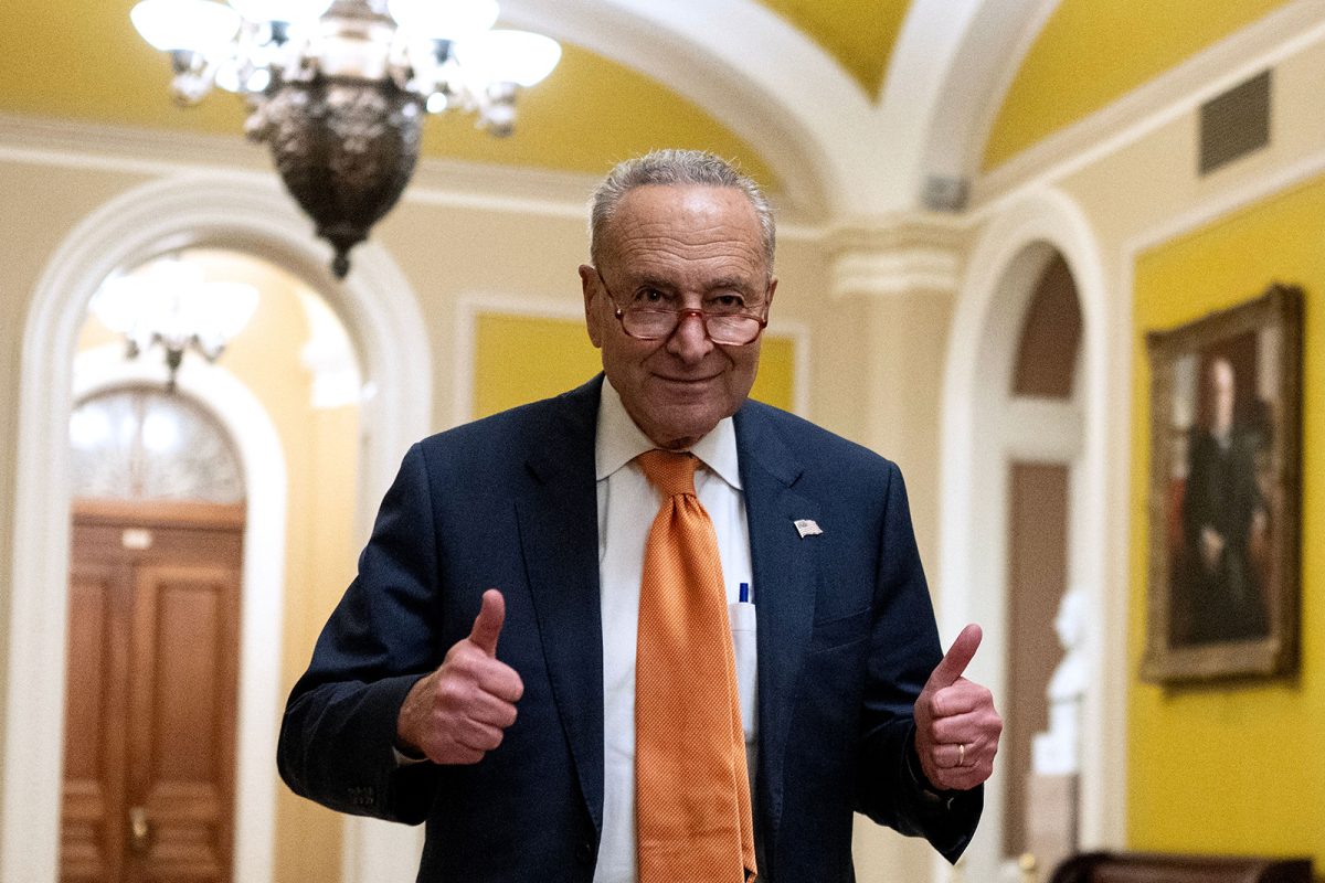 US Senate Majority Leader Chuck Schumer (D-NY) gives a thumbs up after voting on the continuing resolution passed by the House earlier in the day on Capitol Hill in Washington, DC on Sept. 30, 2023. Last-ditch moves to prevent a US government shutdown took a dramatic step forward Sept. 30, 2023, as Democrats overwhelmingly backed an eleventh-hour Republican measure to keep federal funding going for 45 days, albeit with a freeze on aid to Ukraine. Photo permission from Andrew Caballero-Reynolds/AFP via Getty Images/TNS.