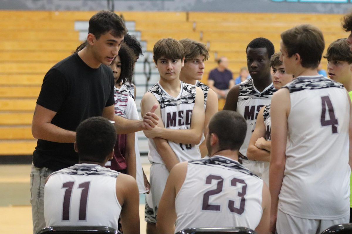 New MSD Mens Volleyball Coach Aidan Gidon coaches his team in a practice. Gidon led the Womens JV team to a near undefeated season, losing only two games.