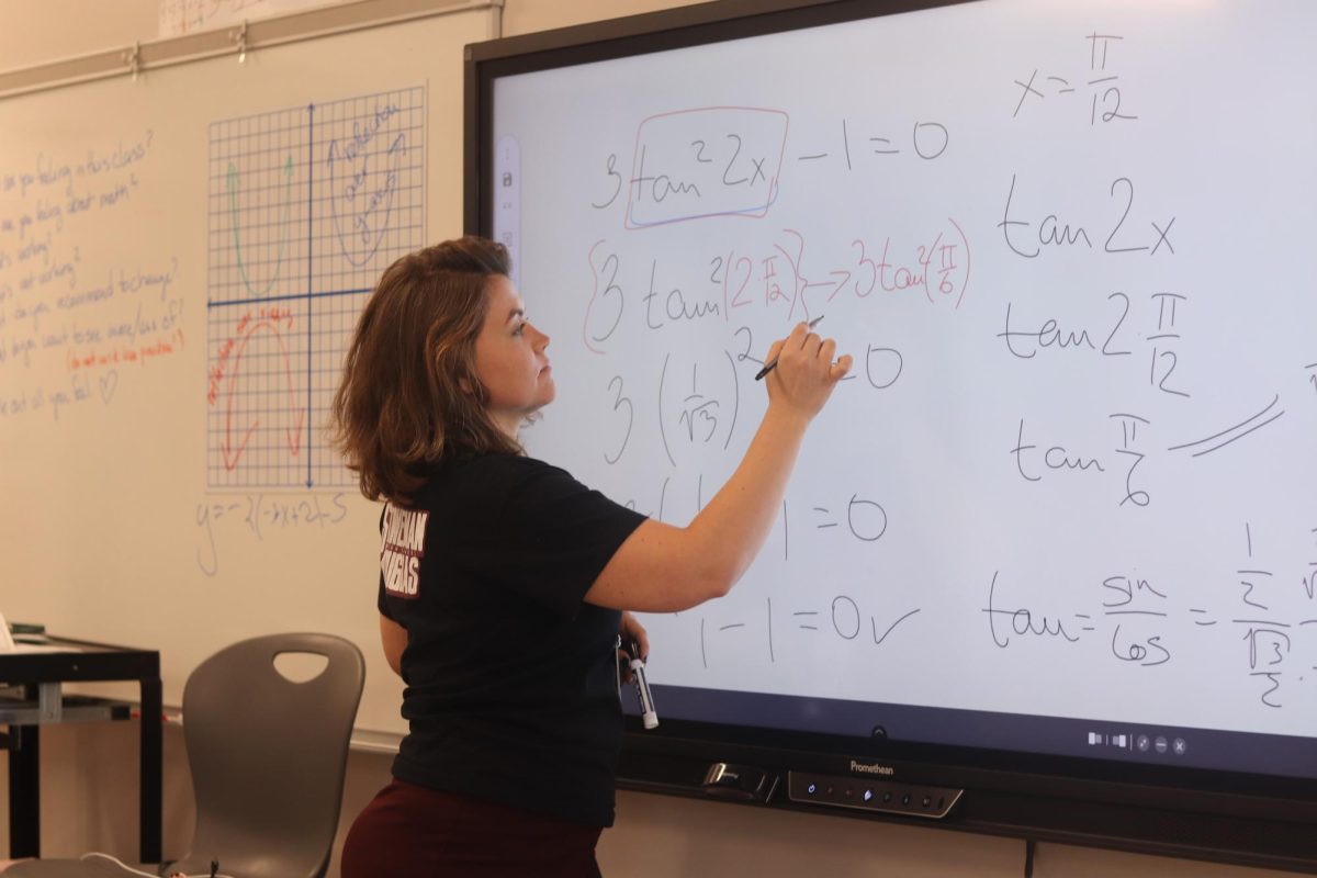 New Algebra 1 teacher Nicole Hovorkova writes on a promethean board covered in math equations. Hovorkova received a math degree from Broward College and has since begun teaching at MSD, where she hopes to make her classroom a safe and welcoming space by encouraging kindness. Just be good. Be kind to others and to yourself, more importantly, Hovorkova said. I think that will go a long way.