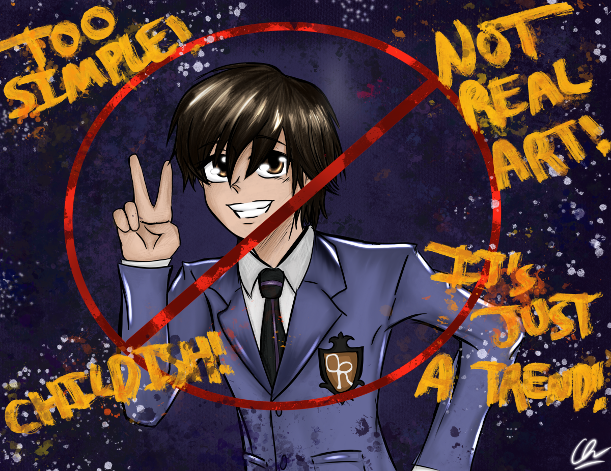 Stylized art such as anime is looked down upon by art teachers, an example of anime art depicted here is this fanart of Haruhi Fujioka from Ouran High School Host Club. Art teachers should emphasize more on stylized art and support it instead of looking down on it.