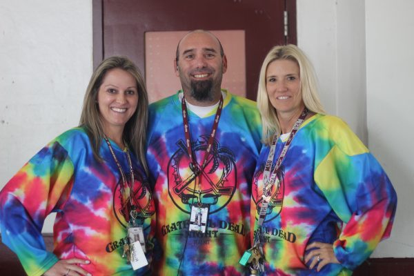 Posing for the camera, assistant principals Kristine Knapp and Jay Milmed, and principal Michelle Kefford wear matching rainbow tie-dye shirts. MSD staff participated in the Kaleidoscope of Colors from MSDs Inclusivity Week from Monday, Dec. 4 to Friday, Dec. 8. Inclusivity week is important because we need to recognize all our students as equals, Milmed said.