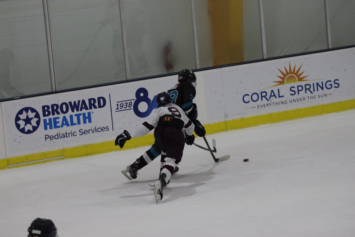 In a strategic move on the ice, forward Joao Pedro Alves (9) engages in a decisive play attempting to take the puck from a Mavericks player. Alves executed a skillful move gaining control of the puck from the Mavericks player and contributing to the teams defensive efforts.