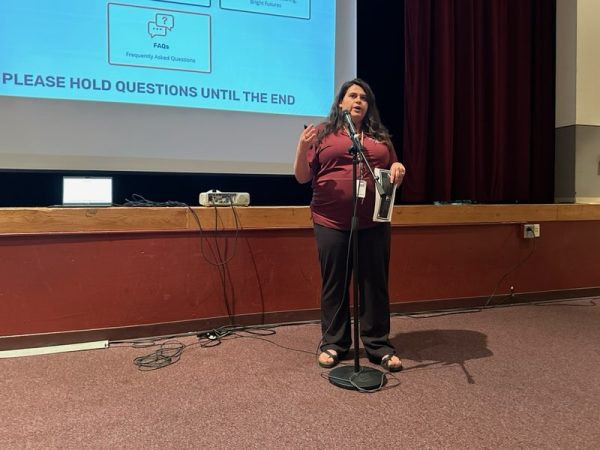 Assistant Principal Anna Koltunova starts the presentation to the students and parents on Nov. 28 for the AICE Cambridge informational meeting in the auditorium. Starting the presentation, she informed the parents on what Cambridge is and how students can benefit from the program.