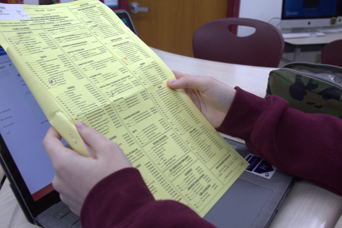 Sophomore Ava Thomas overviews her course card before turning it in. Stoneman Douglas High School has released the course selection card for the 2024-25 school year. Course cards were due Feb. 1 and 2, depending on the students study hall period.