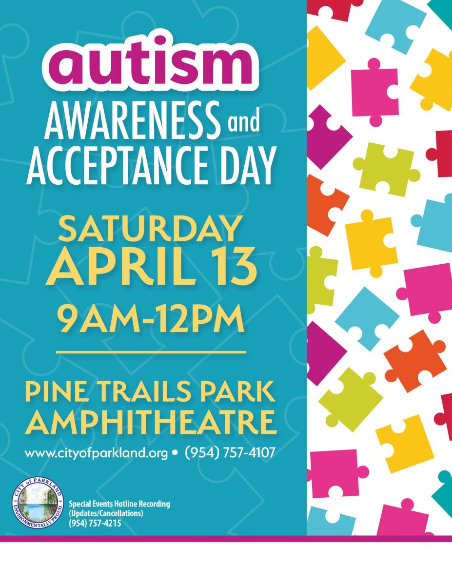 The City of Parkland releases a flyer for their 2024 Autism Awareness and Acceptance Day. The event will take place on Saturday, April 13 at the Park Trails Amphitheatre.
