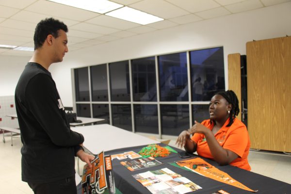 College representative Chloe Rogenus discusses available majors at Florida Agricultural and Mechanical University with senior Chase Rivera. MSD hosted its College Fair Thursday, Feb. 29 and students had the opportunity to gather information about various in-state and out of state colleges from college representatives. Being able to talk to different students and educate them on Florida Agricultural and Mechanical University is a privilege to me, Rogenus said.