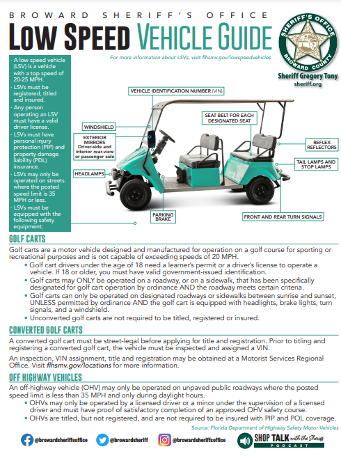 Broward County Sheriffs office releases multiple guides on different vehicle guides. The guide offers information on how to safely operate a golf cart. Photo permission from Broward County Sheriffs Office.