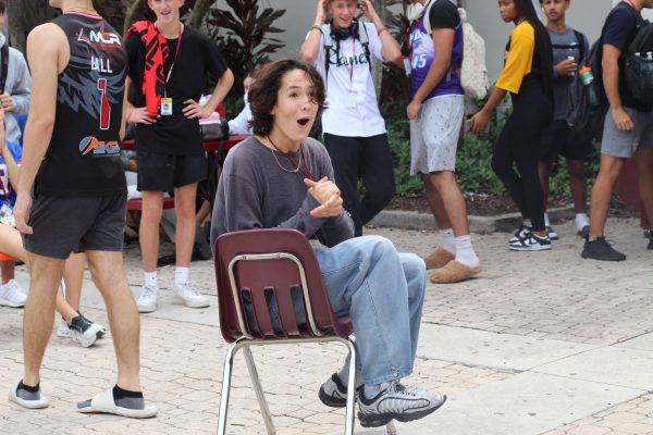 Sophomore Bruno Delgado-Falconi wins musical chairs on Tuesday, Sept. 17. Delgado-Falconi ultimately won the first game of B lunch on "Winning Team Tuesday," the second day of spirit week. "I feel amazing," Delgado-Falconi said.