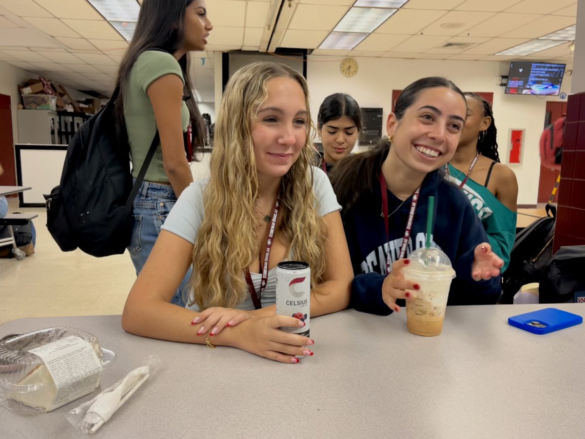 Sophomores Isabella Valentine and Lilah Shane fuel up with caffeine before class. These students drank their favorite caffeinated beverages in the hopes of receiving an energy boost before a long day of school.  ''Every morning I wake up exhausted and need a quick boost before class," Valentine said.