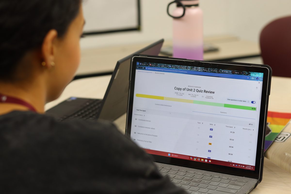 Freshman Leila Zollo views her quiz review on Collegeboard. The format of the practice tests have changed to adhere to the new Bluebook online platform for AP testing.