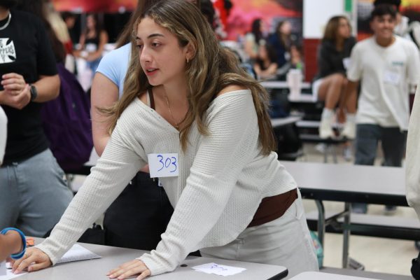 Signing up for Multicultural Show tryouts, senior Mariana Rojas Ramos takes her number so that she can be identified. The tryouts were conducted on Sept. 12 in order to select the best students to participate in the different cultural dances featured in the show. "I think the Multicultural Show helps bring cultures together; it can even be a good way to learn about different cultures," Ramos said.