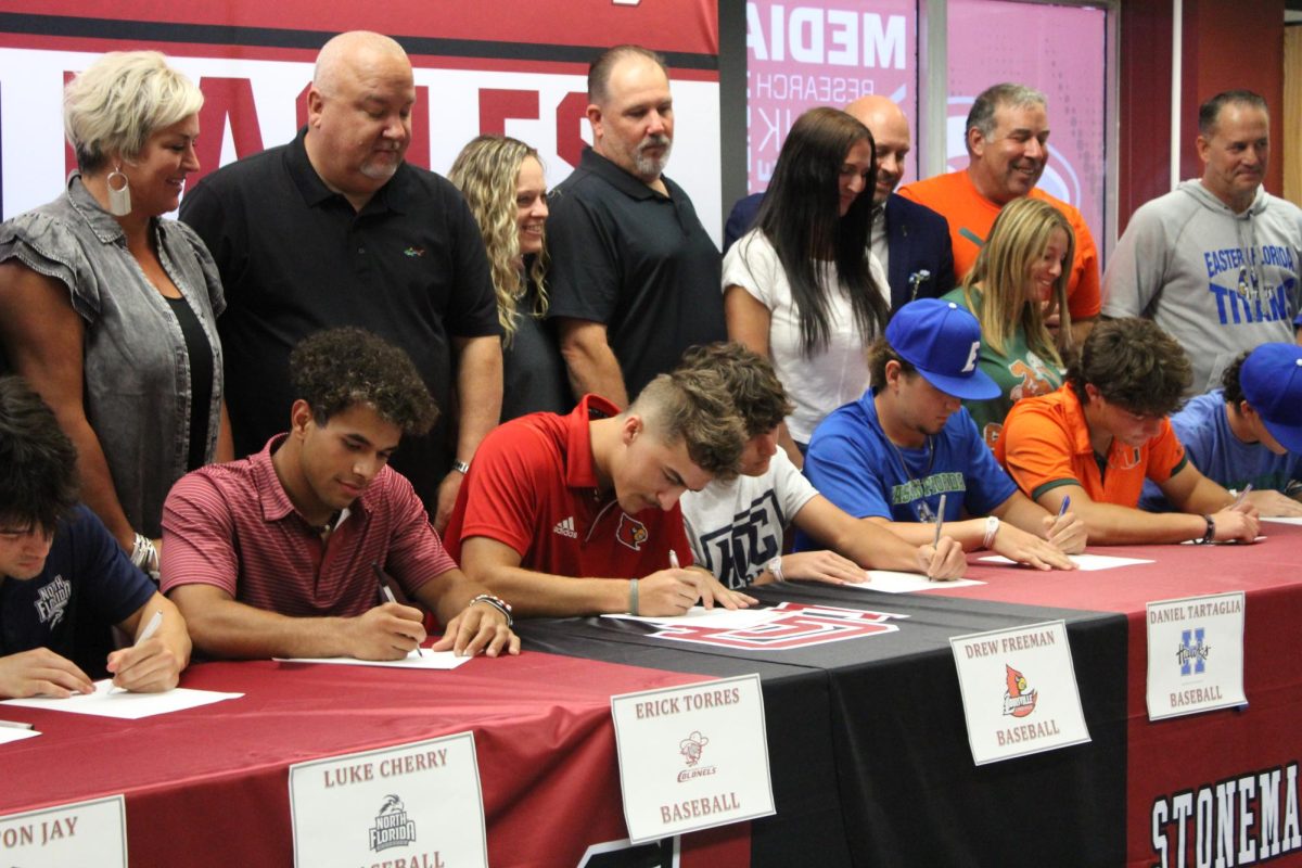 With their parents supporting them during a vital moment in their athletic careers, MSD baseball players, including Payton Jay, Luke Cherry, Erick Torres, Drew Freeman and Daniel Tartaglia, formally commit to their respective colleges in the media center on Nov. 13. Shortly before the seniors signed the documents, they expressed gratitude to their family members, friends and coaches for guiding them through their athletic careers. "I'm looking forward to achieving one of my childhood dreams while still playing the game I love," outfielder Bennett Gary (3) said. "I'm also very excited to be able to compete against some of the best players in the country."