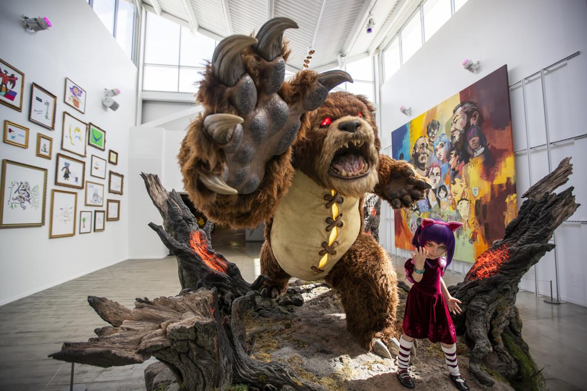 Annie and Tibbers: Statue of characters from the League of Legends game, in the new headquarters of Riot Games, a video game developer and esports tournament organizer in Los Angeles Monday, April 11, 2022. The company's expanding real estate footprint in West Los Angeles, with emphasis on what promises to be a very colorful facility where they work. Photo permission from Allen J. Schaben/Los Angeles Times/TNS.