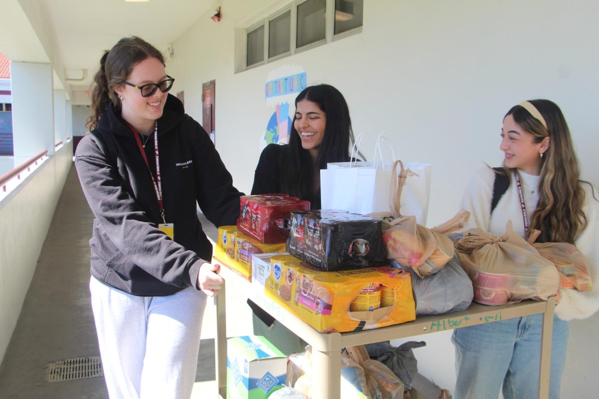 DECA Paws for a Cause co-captains Constanza Lamaison, Marina Rojas Ramos and Julia Luchyk wheel a cart full of donations down to the senior lot. The donations were brought in by students and went to Saving Sage, an animal shelter. "We are super excited; this is our first batch of donations and we are all really excited to finally help out all the animals," Luchyk said.