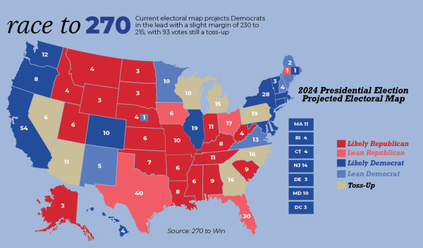 Current electoral data projects Vice President Kamala Harris in a slight lead. Harris has campaigned heavily in battleground states like Georgia, Michigan and Pennsylvania.