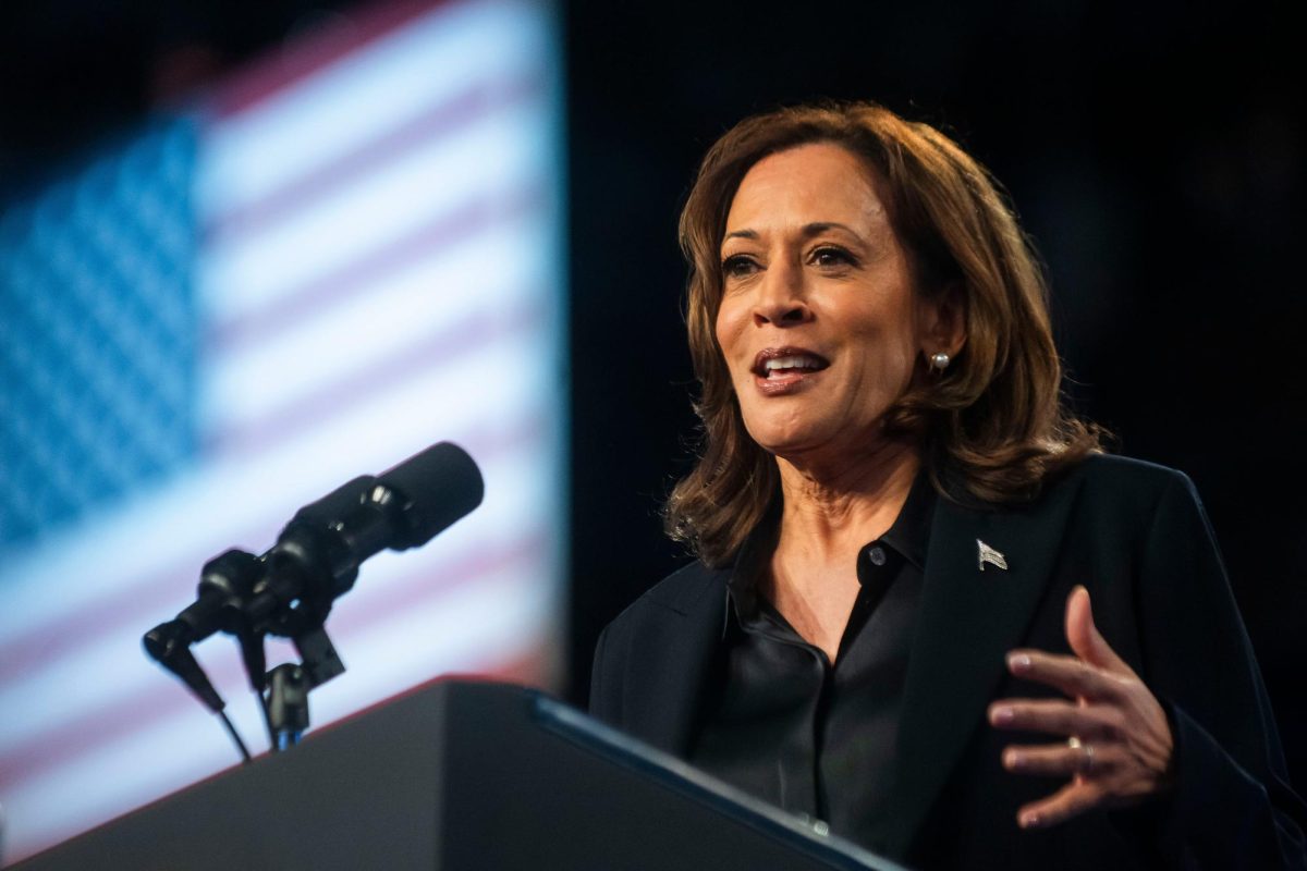 Vice President Kamala Harris addresses supporters during a rally on Oct. 4, 2024, at Dort Financial Center in Flint, Michigan. Photo permission from Katy Kildee/The Detroit News/TNS.