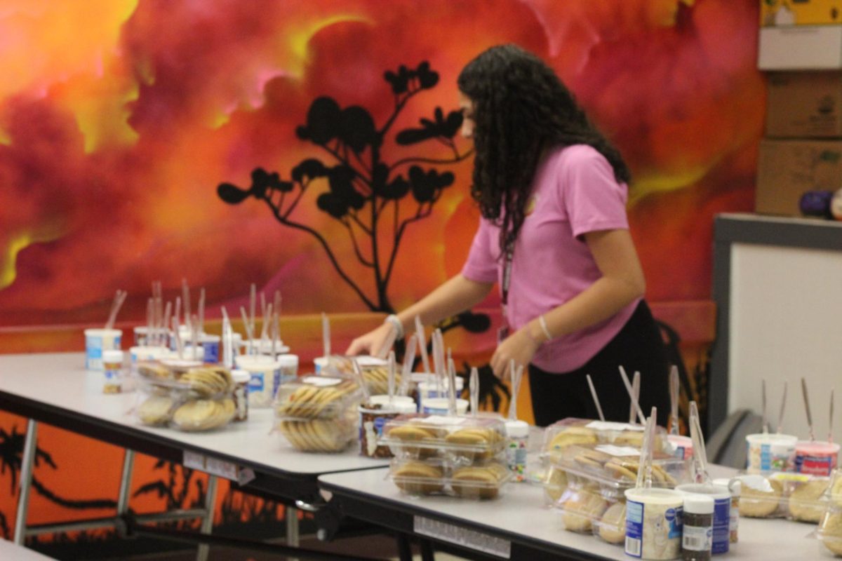 Junior Natalia Lopez sets up the table at the November DECA Social for cookie decorating. Various activities took place at the social, including cookie decorating, playing trivia, coloring, and playing ping pong.