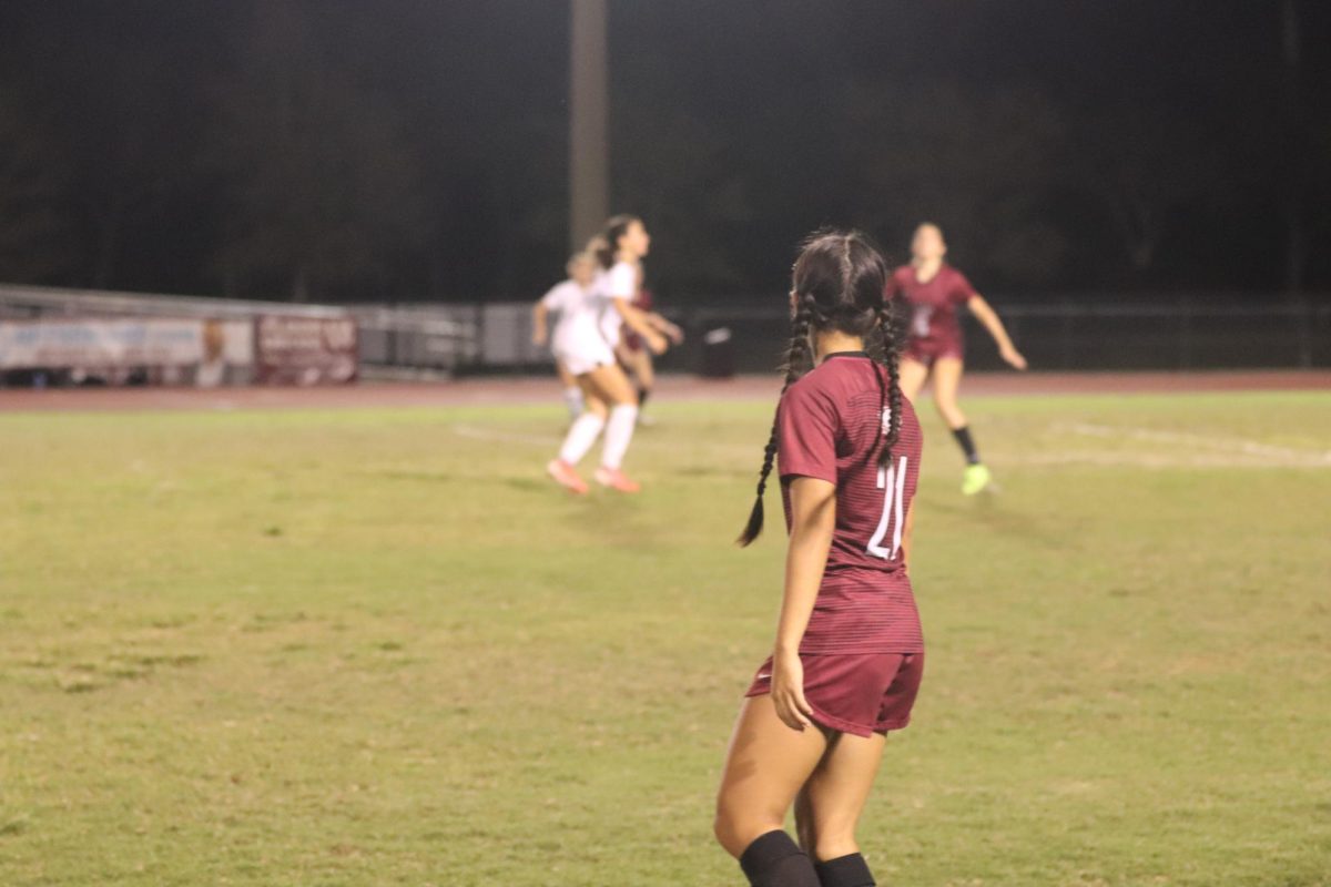 Midfielder Taylor Le (21) waits to be passed the ball from a teammate in the second half of the MSD women's varsity soccer game on Tuesday, Feb. 3. MSD beat Doral Academy in the regional quarterfinals.