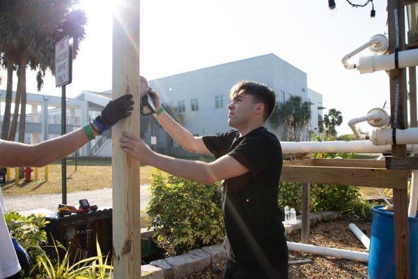 Get Sandy. Junior Nathan Borisoff sands down a wood pole in Marjory's Garden on Fri., Feb. 13. He and other students volunteered to renovate the garden on the Day of Service and Love. "I try to come out [to the garden] every Sunday, get that good work in, get in a workout and have a little bit of fun," Borisoff said.